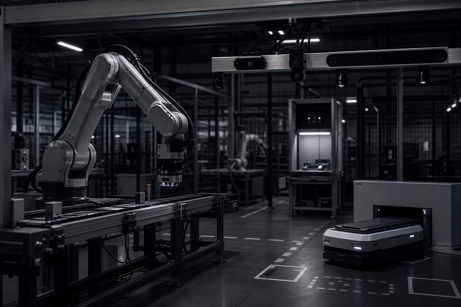 Industrial robotic arm and AGV in an automation cell