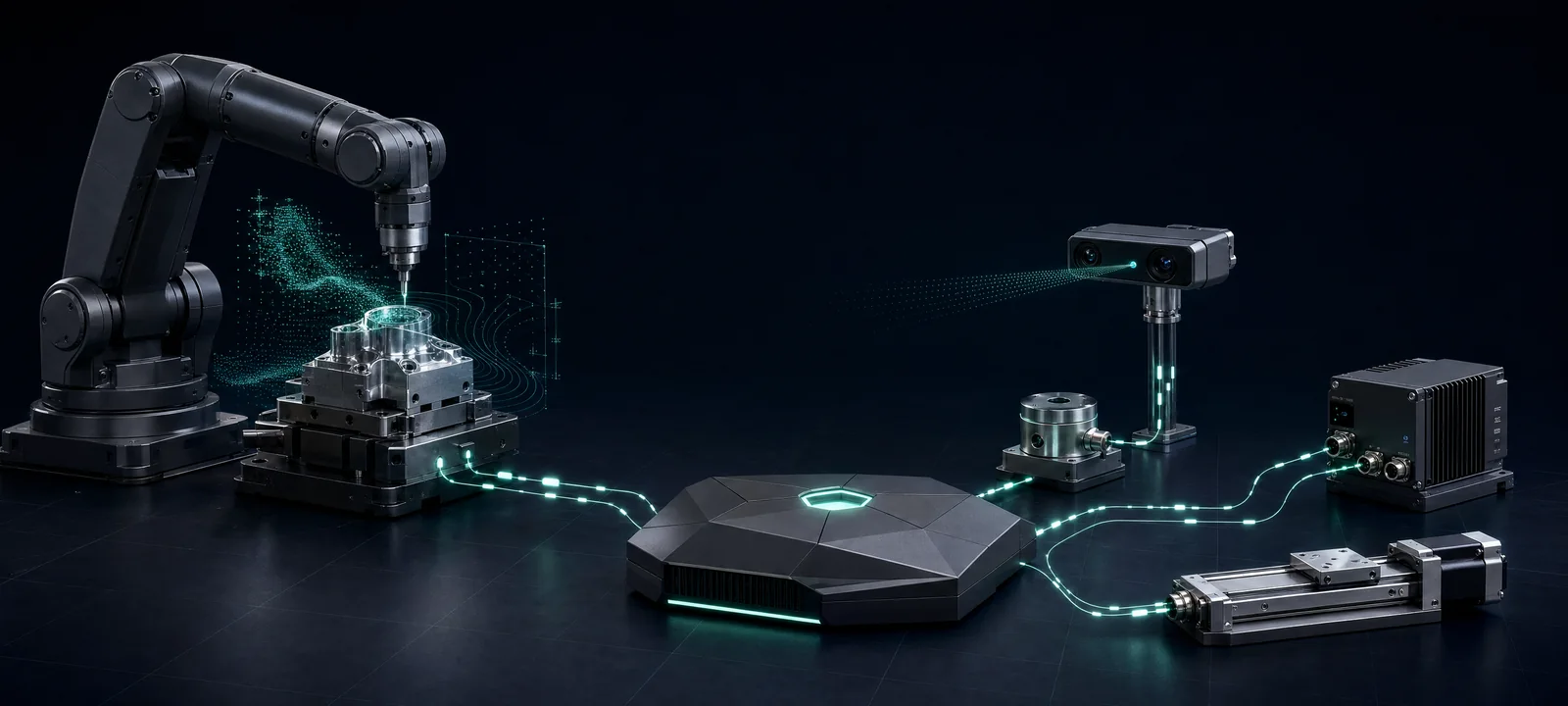 VIHA edge runtime connecting a precision robot, vision, sensing, and motion hardware